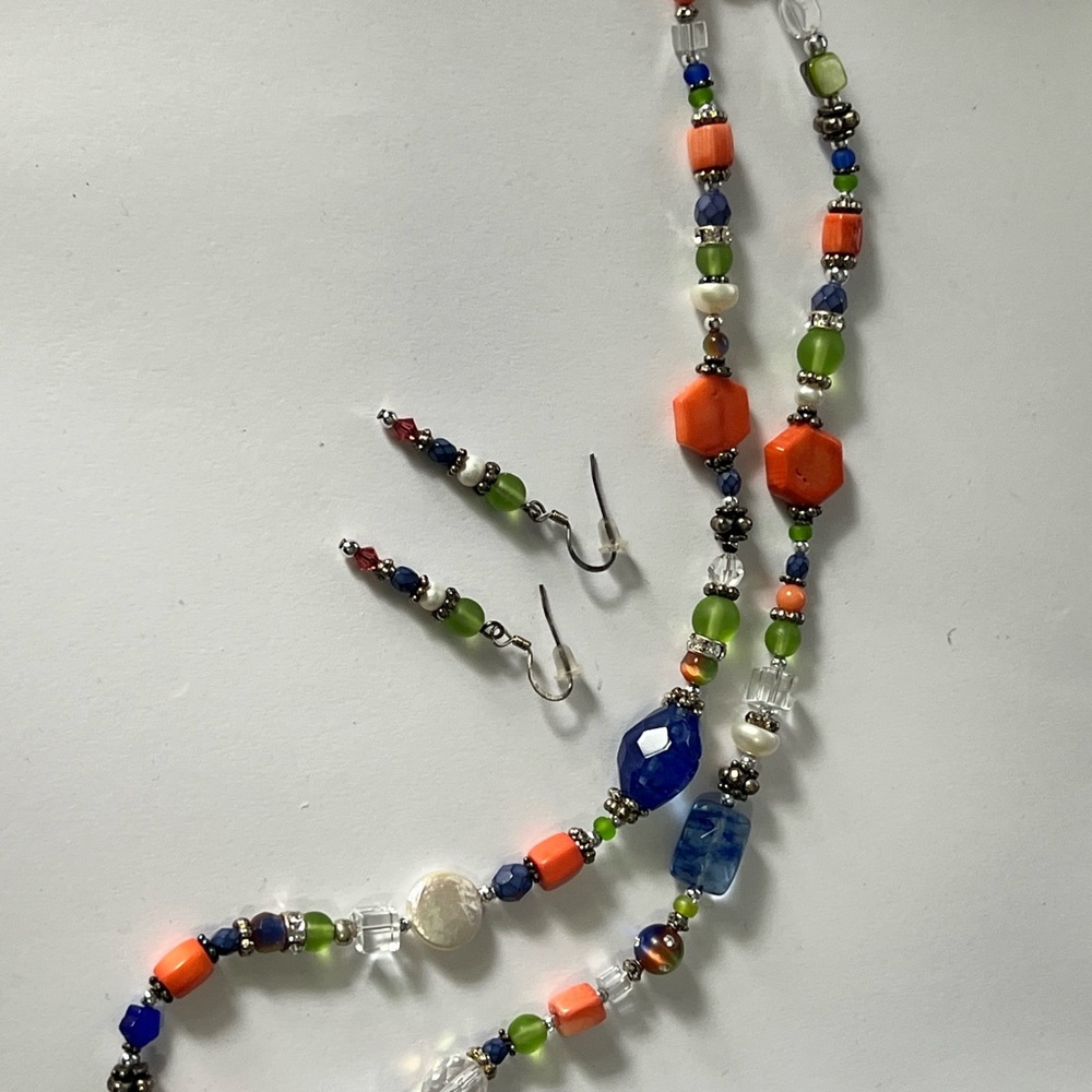 Colorful Beaded Necklace and Earrings Set handmade green blue orange pearl